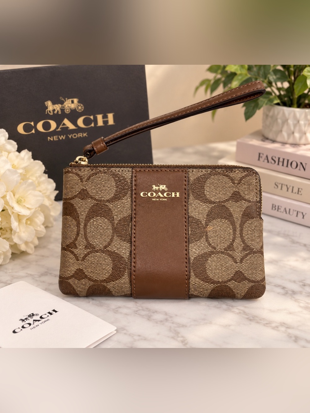 👜 Coach Brown Signature Canvas Wristlet with Leather Trim